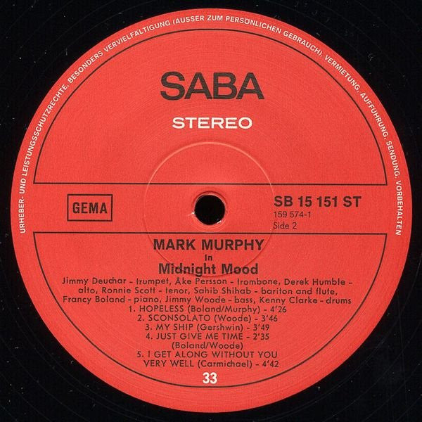 Mark Murphy : Midnight Mood (LP, Album, RP, 180)