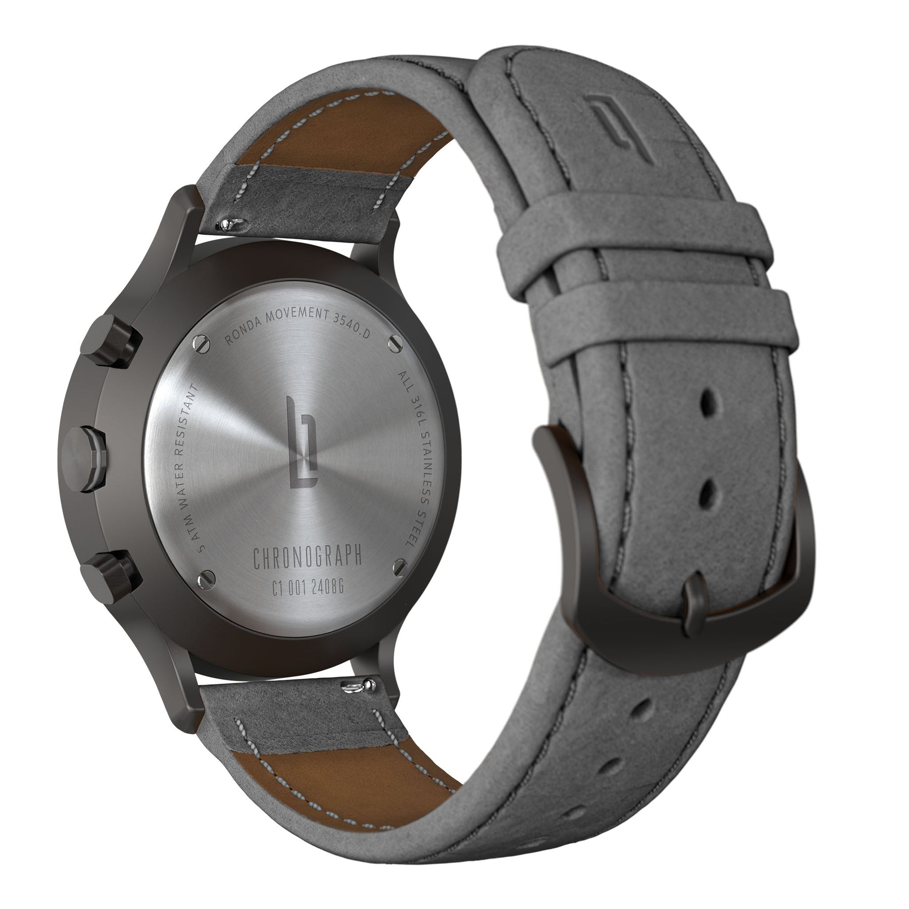 Chronograph, Dark Silver White/ Gray Leather Strap