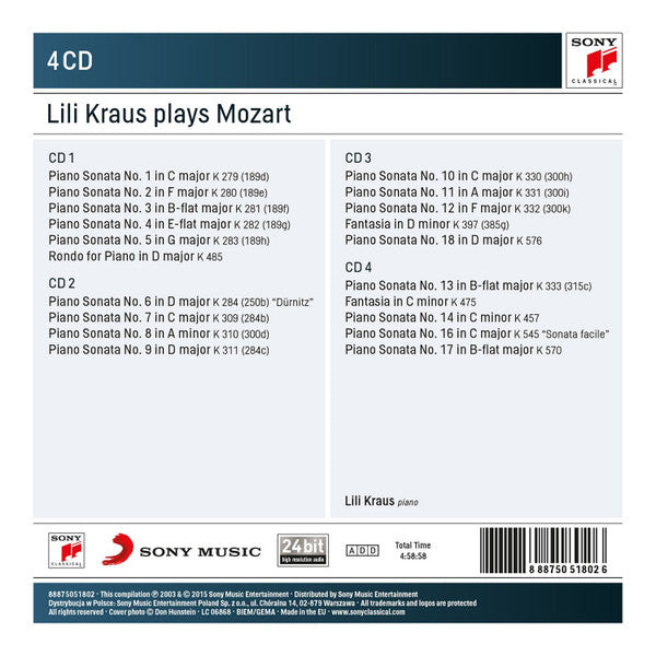 Lili Kraus, Wolfgang Amadeus Mozart : Lili Kraus Plays Mozart (4xCD, Comp, RE, RM + Box, Comp, RE)
