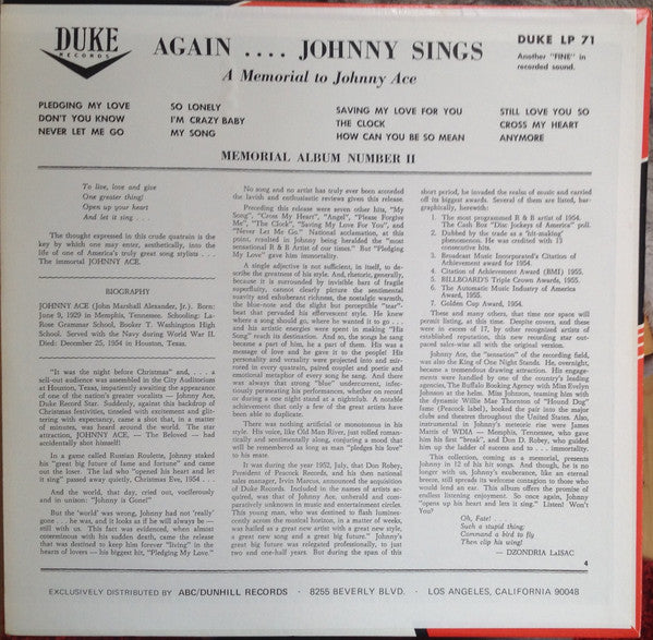 Johnny Ace : Memorial Album For Johnny Ace (LP, Comp, RE, Ter)