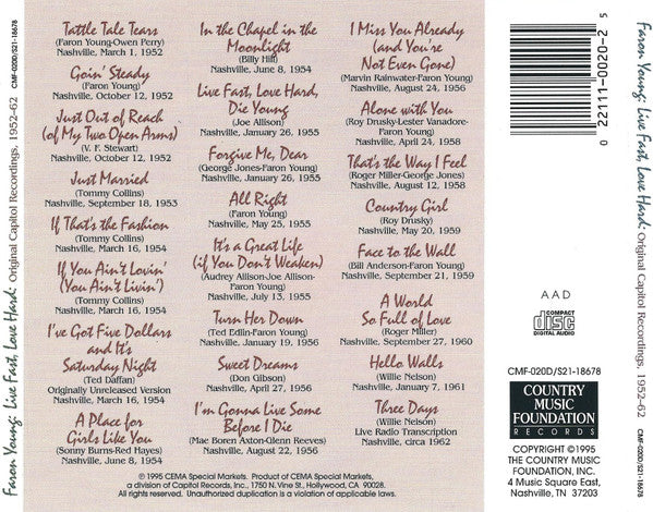 Faron Young : Live Fast, Love Hard: Original Capitol Recordings 1952-1962 (CD, Comp)