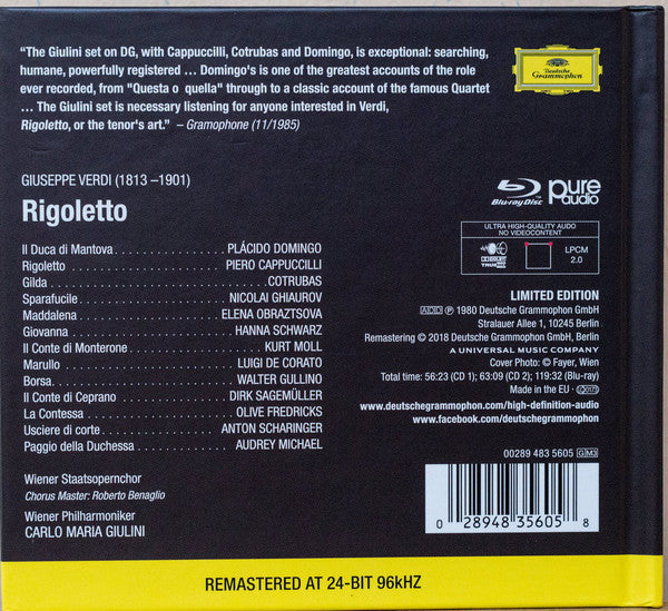 Giuseppe Verdi / Piero Cappuccilli, Ileana Cotrubas, Placido Domingo, Elena Obraztsova, Nicolai Ghiaurov, Kurt Moll, Hanna Schwarz, Wiener Staatsopernchor, Wiener Philharmoniker, Carlo Maria Giulini : Rigoletto (Blu-ray, Blu-ray-A, RM + 2xCD, Album, RM)