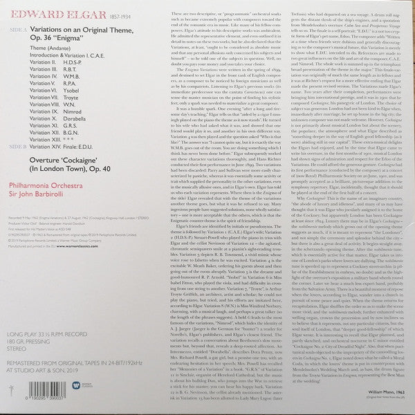Sir Edward Elgar, Sir John Barbirolli, Philharmonia Orchestra : Enigma Variations, etc. (LP, Album, RM, 180)
