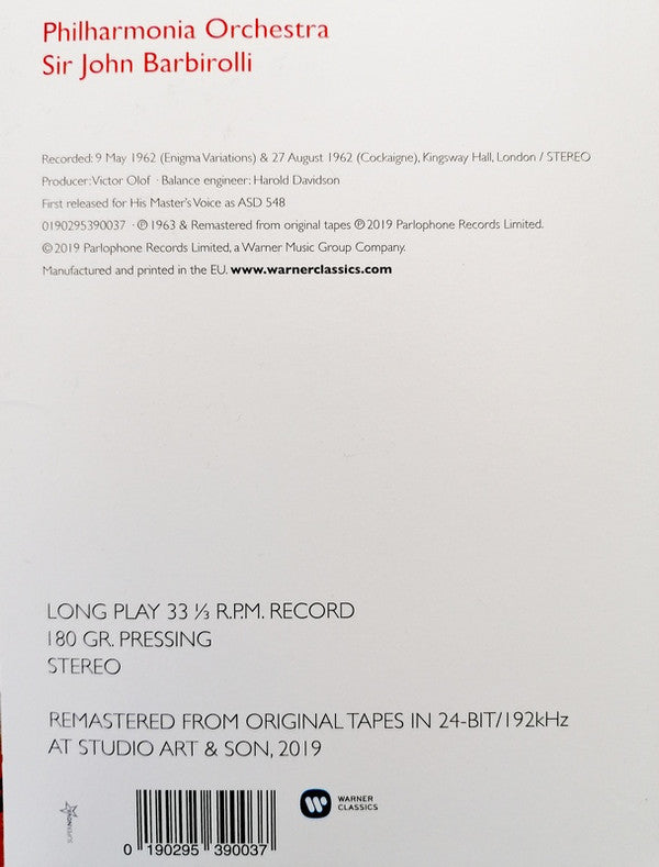 Sir Edward Elgar, Sir John Barbirolli, Philharmonia Orchestra : Enigma Variations, etc. (LP, Album, RM, 180)