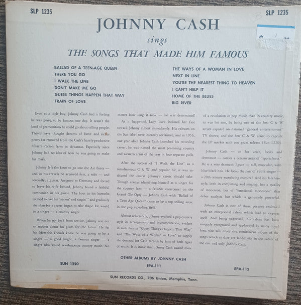 Johnny Cash : Sings The Songs That Made Him Famous (LP, Album, Mono)