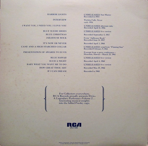Elvis Presley : A Legendary Performer - Volume 2 (LP, Comp, Ind)