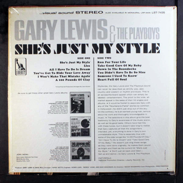 Gary Lewis & The Playboys : She's Just My Style (LP, Album, RE, )