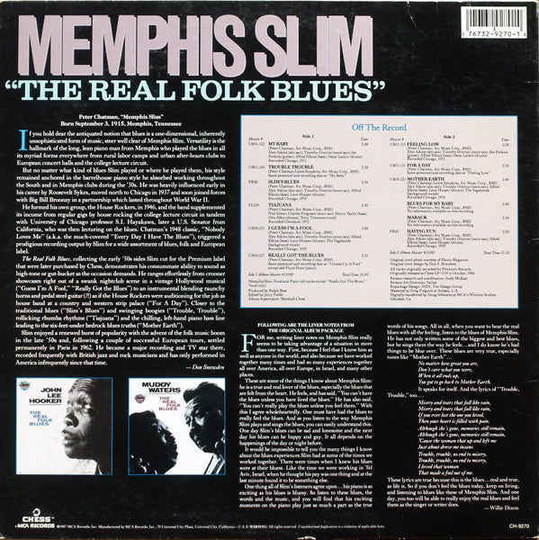 Memphis Slim : The Real Folk Blues (LP, Album, Comp, RE, Pin)