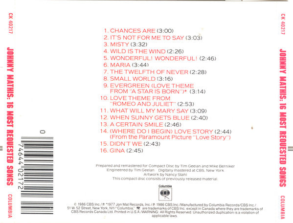 Johnny Mathis : 16 Most Requested Songs (CD, Comp, RM)