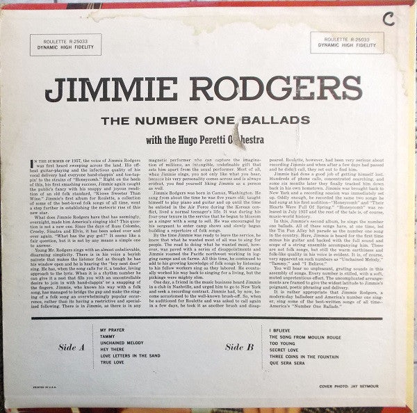 Jimmie Rodgers (2) : The Number One Ballads (LP, Album, Mono, RE)