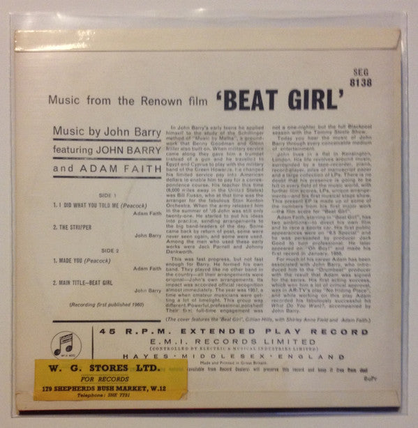 Adam Faith / John Barry : Music From The Film 'Beat Girl' (7", EP, Mono)