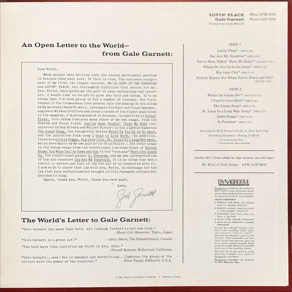 Gale Garnett : Lovin' Place (LP, Album, Mono)