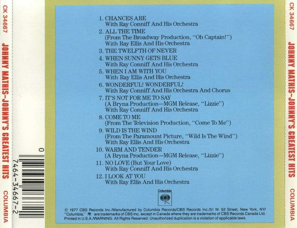 Johnny Mathis : Johnny's Greatest Hits (CD, Comp)