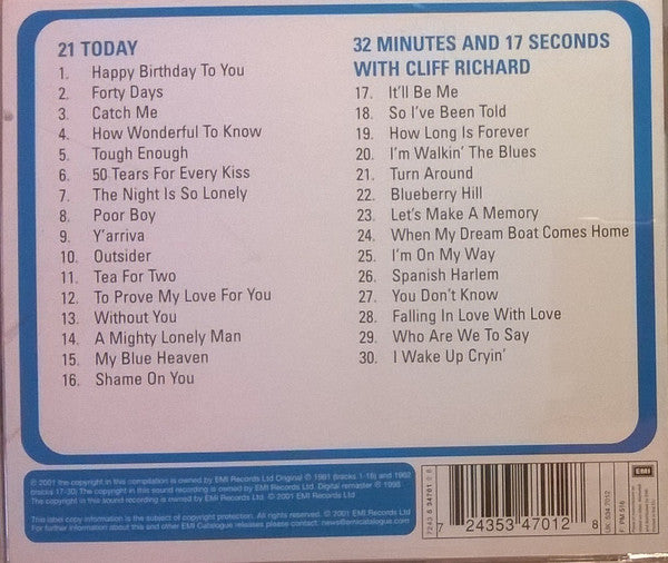 Cliff Richard : 21 Today & 32 Minutes & 17 Seconds (CD, Comp, RM)