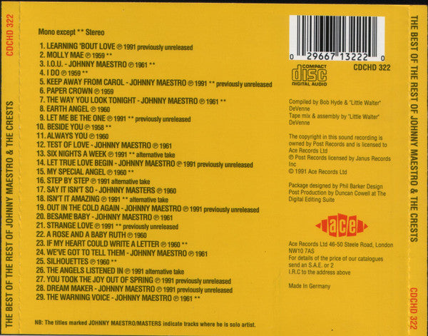 Johnny Maestro & The Crests : The Best Of The Rest (CD, Comp)