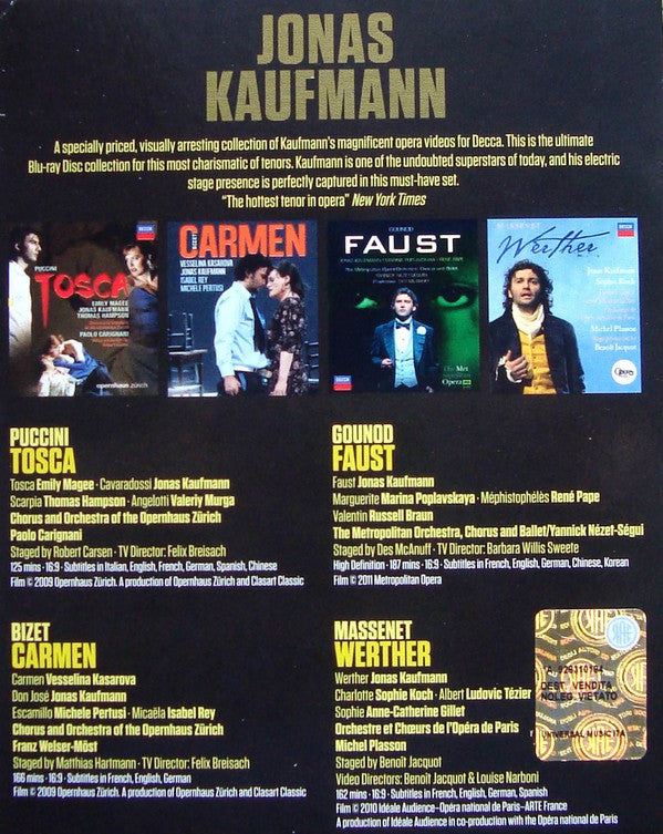 Jonas Kaufmann / Giacomo Puccini, Georges Bizet, Charles Gounod, Jules Massenet : Tosca / Carmen / Faust / Werther (4xBlu-ray, Multichannel + Box, Comp)