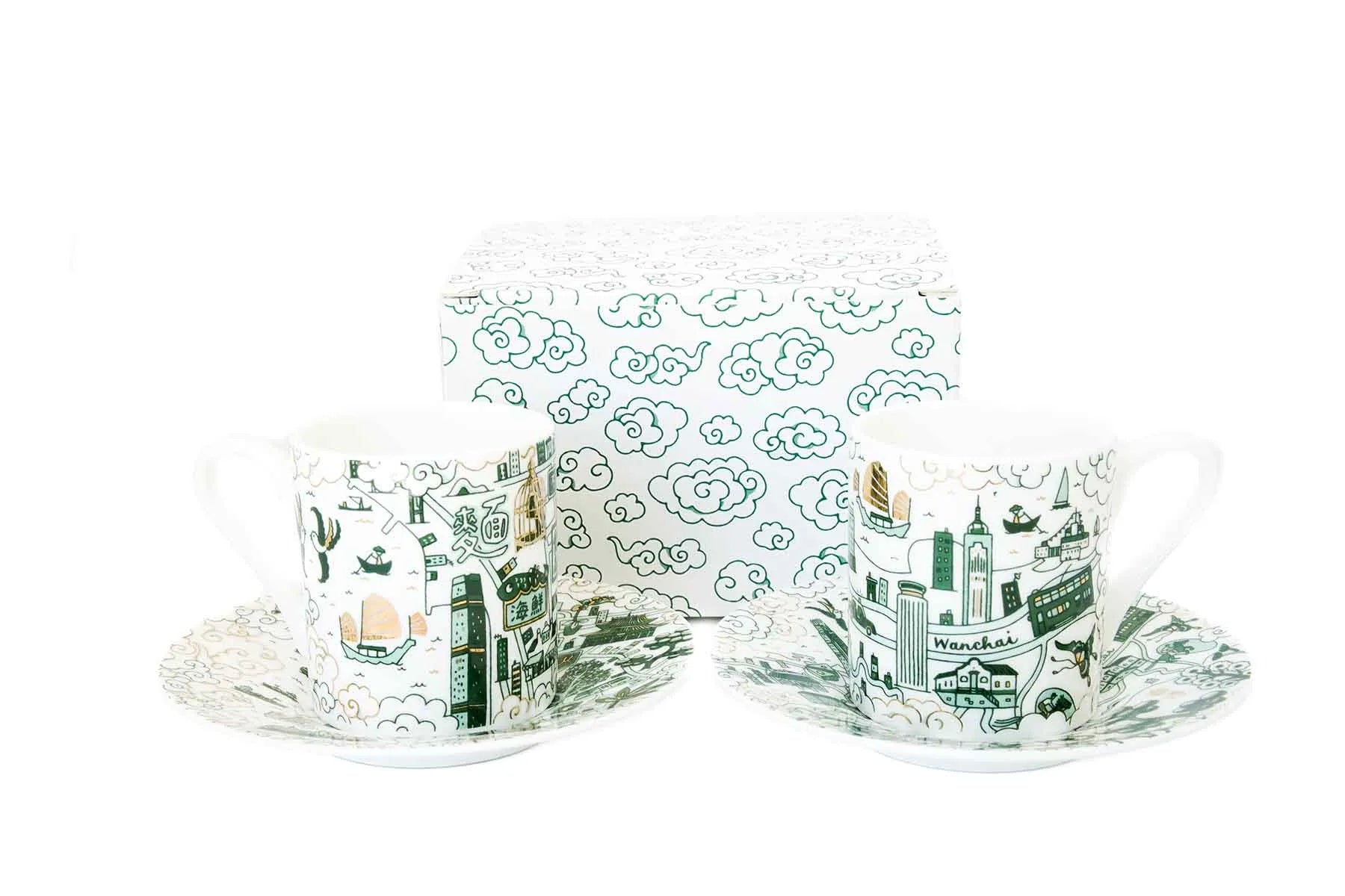 Hong Kong & Kowloon Willow Espresso Cups & Saucers - Set Of 2, Green and Gold by Faux | Young Soy - Wake Concept Store
