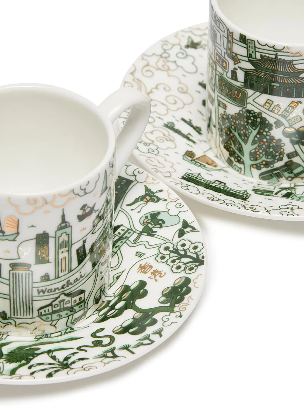 Hong Kong & Kowloon Willow Espresso Cups & Saucers - Set Of 2, Green and Gold by Faux | Young Soy - Wake Concept Store