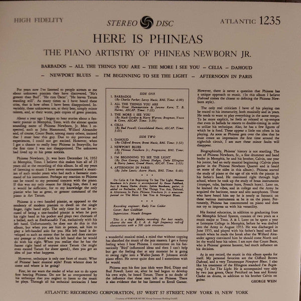 Phineas Newborn Jr. : Here Is Phineas (The Piano Artistry Of Phineas Newborn Jr.) (LP, Album, RE, 180)
