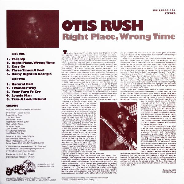 Otis Rush : Right Place, Wrong Time (LP, Album, RE, RM, 180)