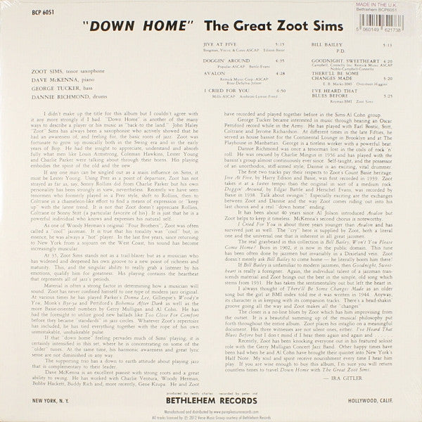 Zoot Sims : Down Home (LP, Album, Mono, Ltd, RE, 180)