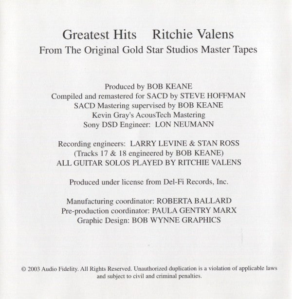 Ritchie Valens : Greatest Hits (SACD, Hybrid, Comp, Mono, RM)