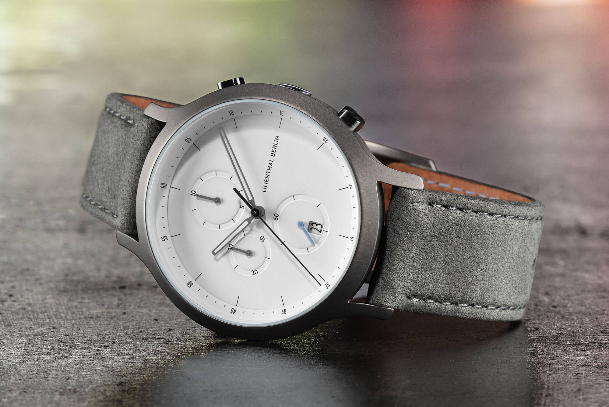 Chronograph, Dark Silver White/ Gray Leather Strap