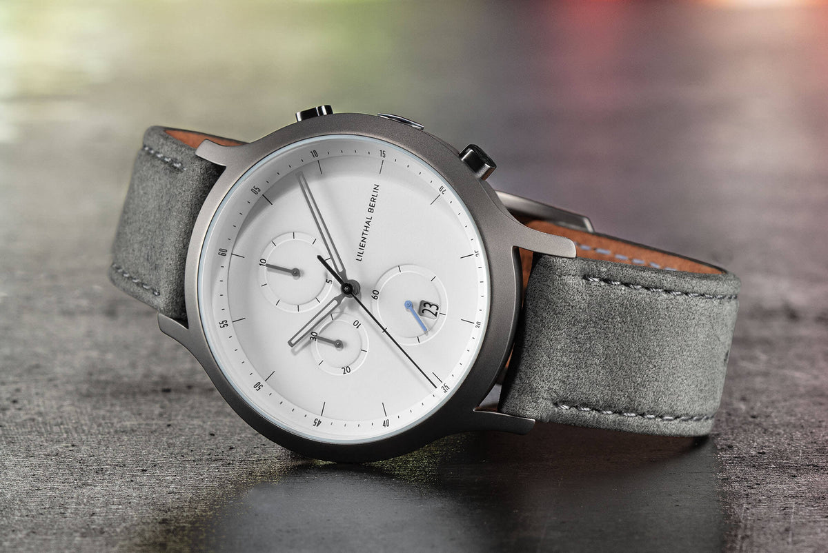 Chronograph, Dark Silver White/ Gray Leather Strap