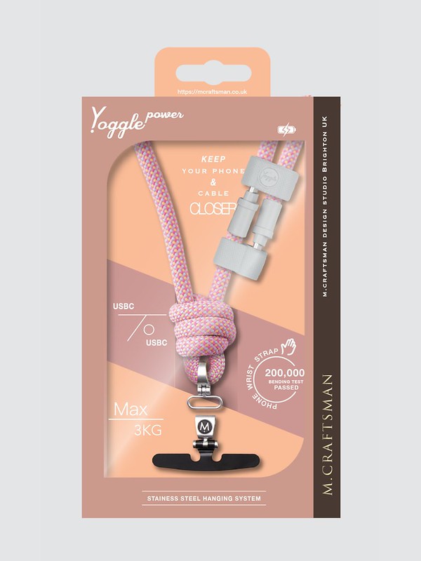 Yoggle Power Hand Charging Cable & Wrist Phone Strap, Hot Pink
