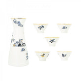 Japan Toile Sake Serving Set (with 1 Sake Pourer Carafe and 5 Cups), Indigo and Gold by Faux