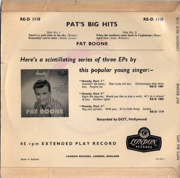 Pat Boone : Pat's Big Hits (7", EP)