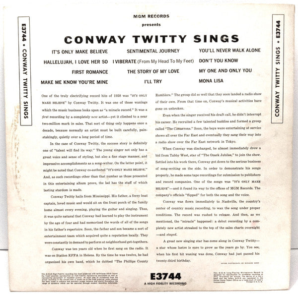 Conway Twitty : Conway Twitty Sings (LP, Album, Mono)