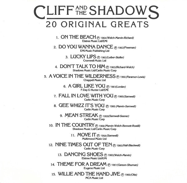 Cliff Richard & The Shadows : 20 Original Greats (CD, Comp, RE)