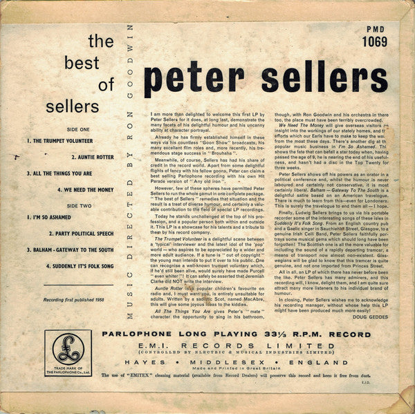 Peter Sellers : The Best Of Sellers (10", Mono, RE, RP)