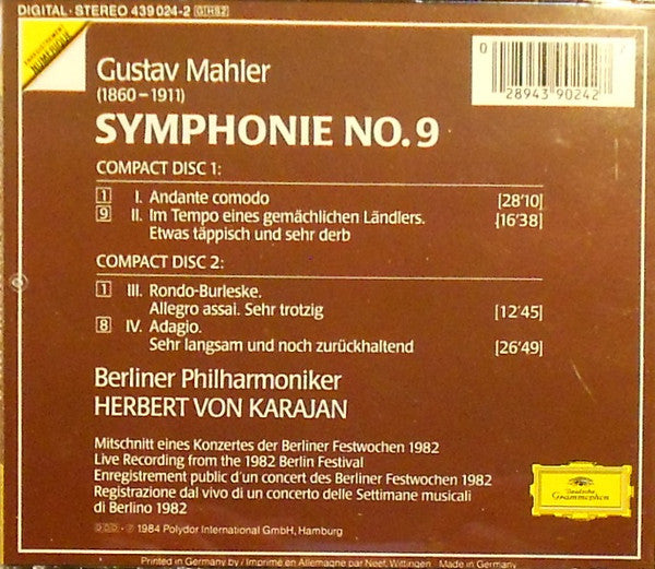 Gustav Mahler, Berliner Philharmoniker, Herbert von Karajan : Symphonie No. 9 (2xCD, Album, RE, RM)