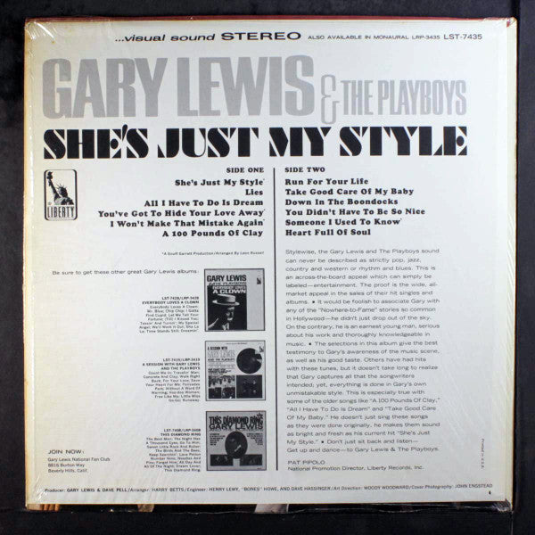 Gary Lewis & The Playboys : She's Just My Style (LP, Album, RE,  )