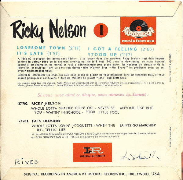 Ricky Nelson (2) : 1 - Lonesome Town (7", EP)