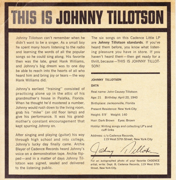 Johnny Tillotson : This Is Johnny Tillotson (7")