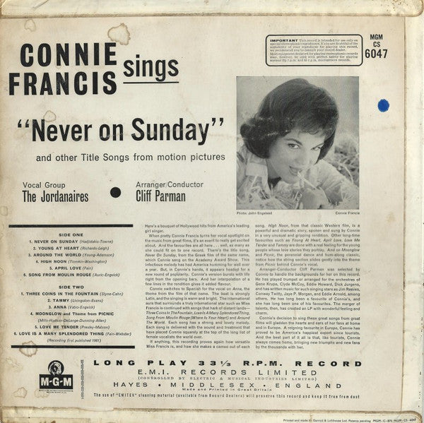 Connie Francis : Sings "Never On Sunday" And Other Title Songs From Motion Pictures (LP, Album)