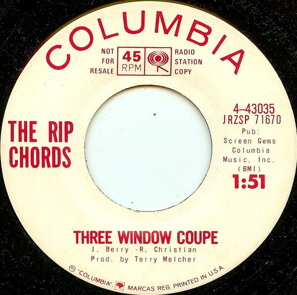 The Rip Chords : Three Window Coupe (7", Promo, Pit)