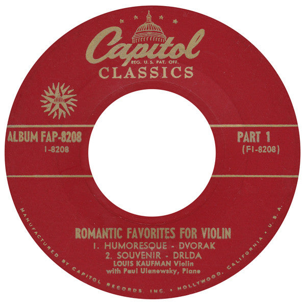 Louis Kaufman With Paul Ulanowsky : Romantic Favorites For Violin (7", EP, Mono)