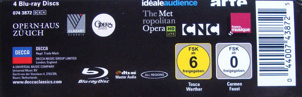 Jonas Kaufmann / Giacomo Puccini, Georges Bizet, Charles Gounod, Jules Massenet : Tosca / Carmen / Faust / Werther (4xBlu-ray, Multichannel + Box, Comp)